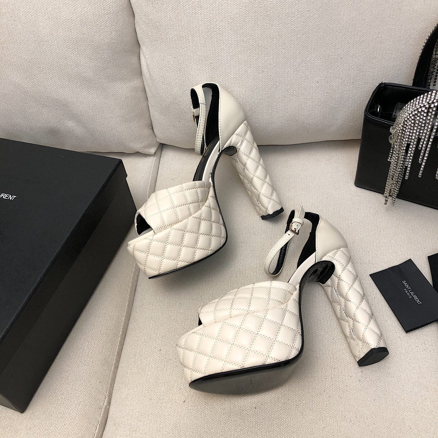 SL JODIE 135 PLATFORM SANDALS WHITE EMBOSSED CALFSKIN - 34