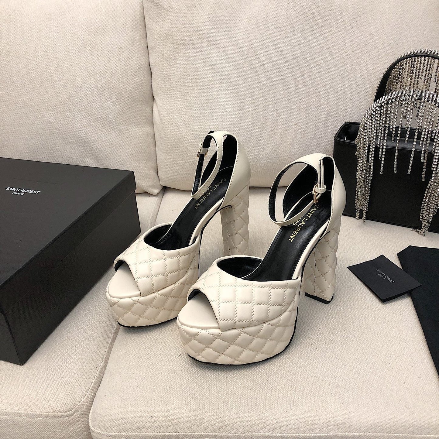SL JODIE 135 PLATFORM SANDALS WHITE EMBOSSED CALFSKIN - 34