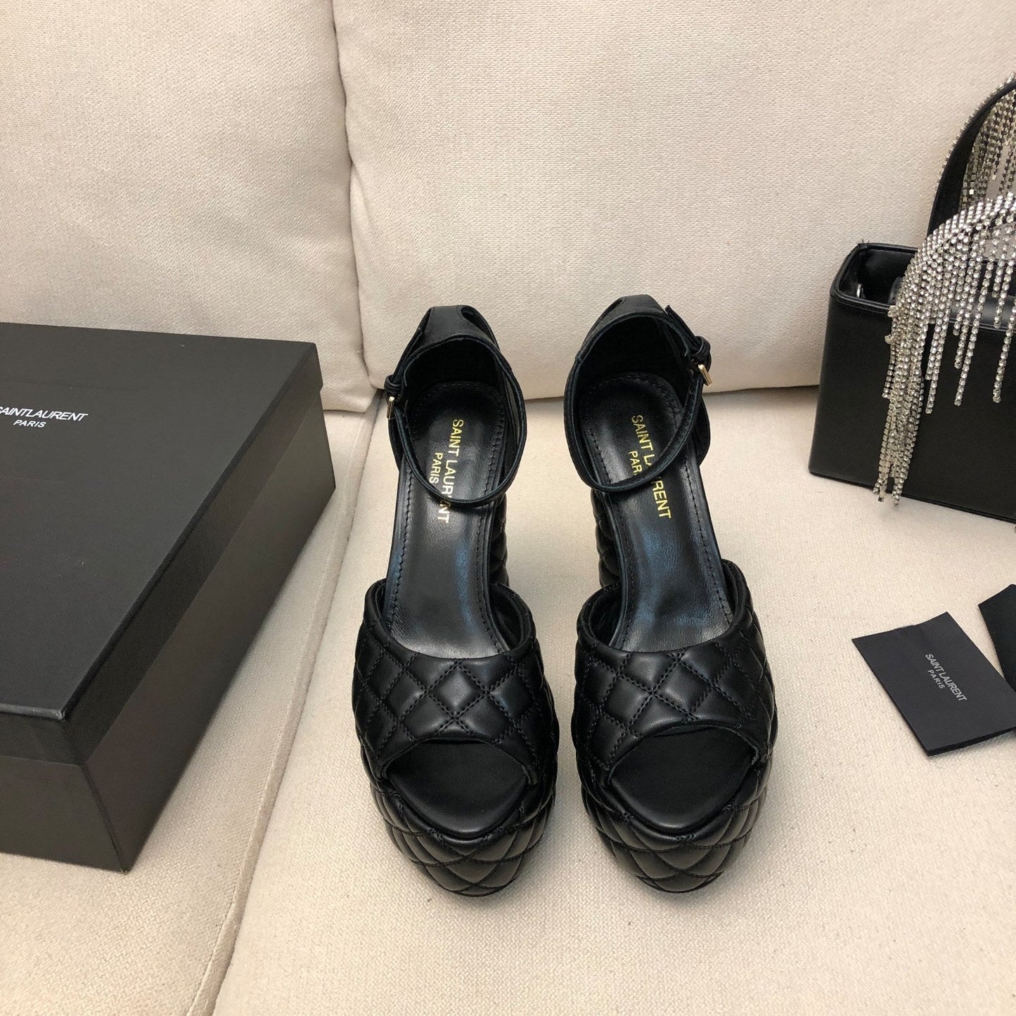 SL JODIE 135 PLATFORM SANDALS BLACK EMBOSSED CALFSKIN - 34