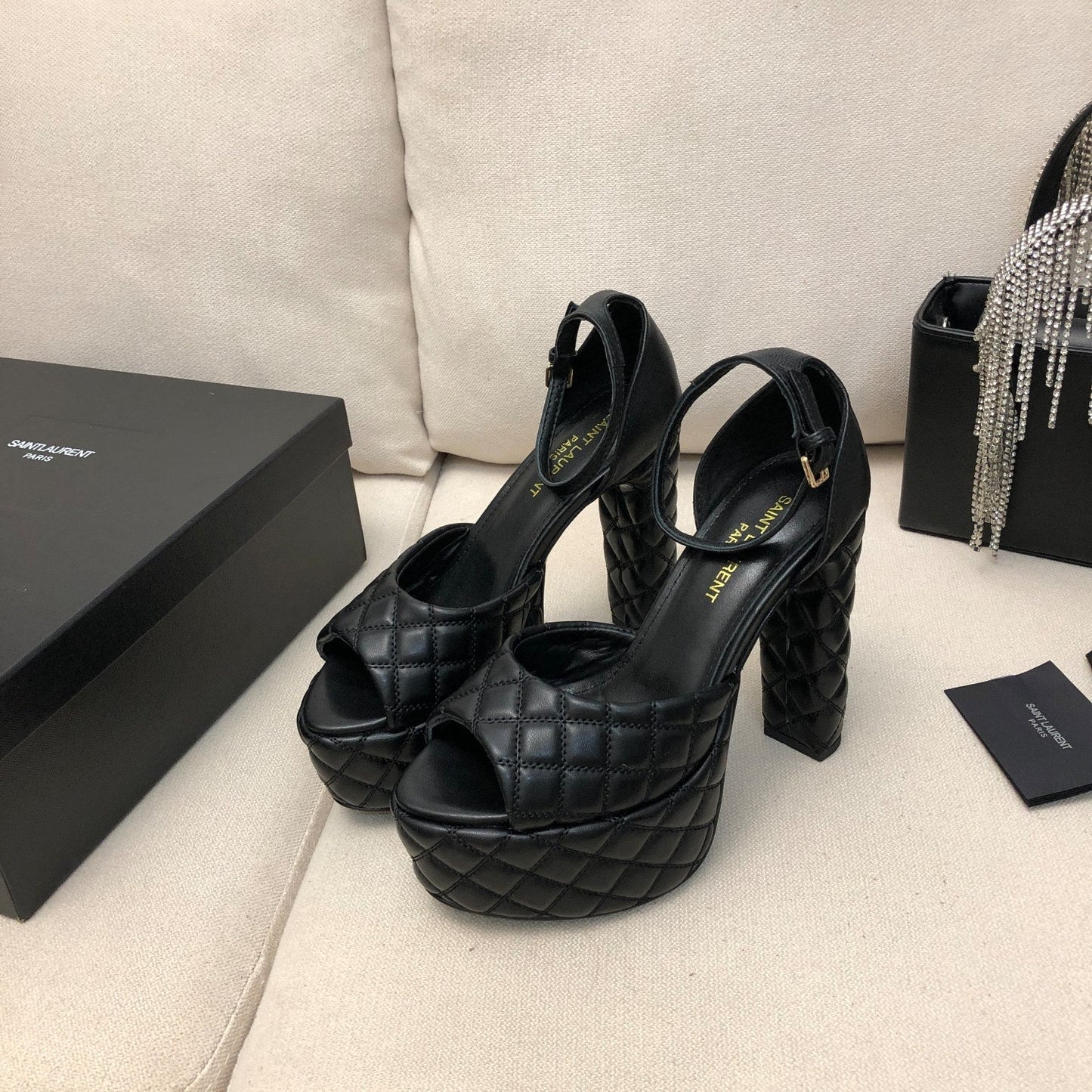 SL JODIE 135 PLATFORM SANDALS BLACK EMBOSSED CALFSKIN - 34