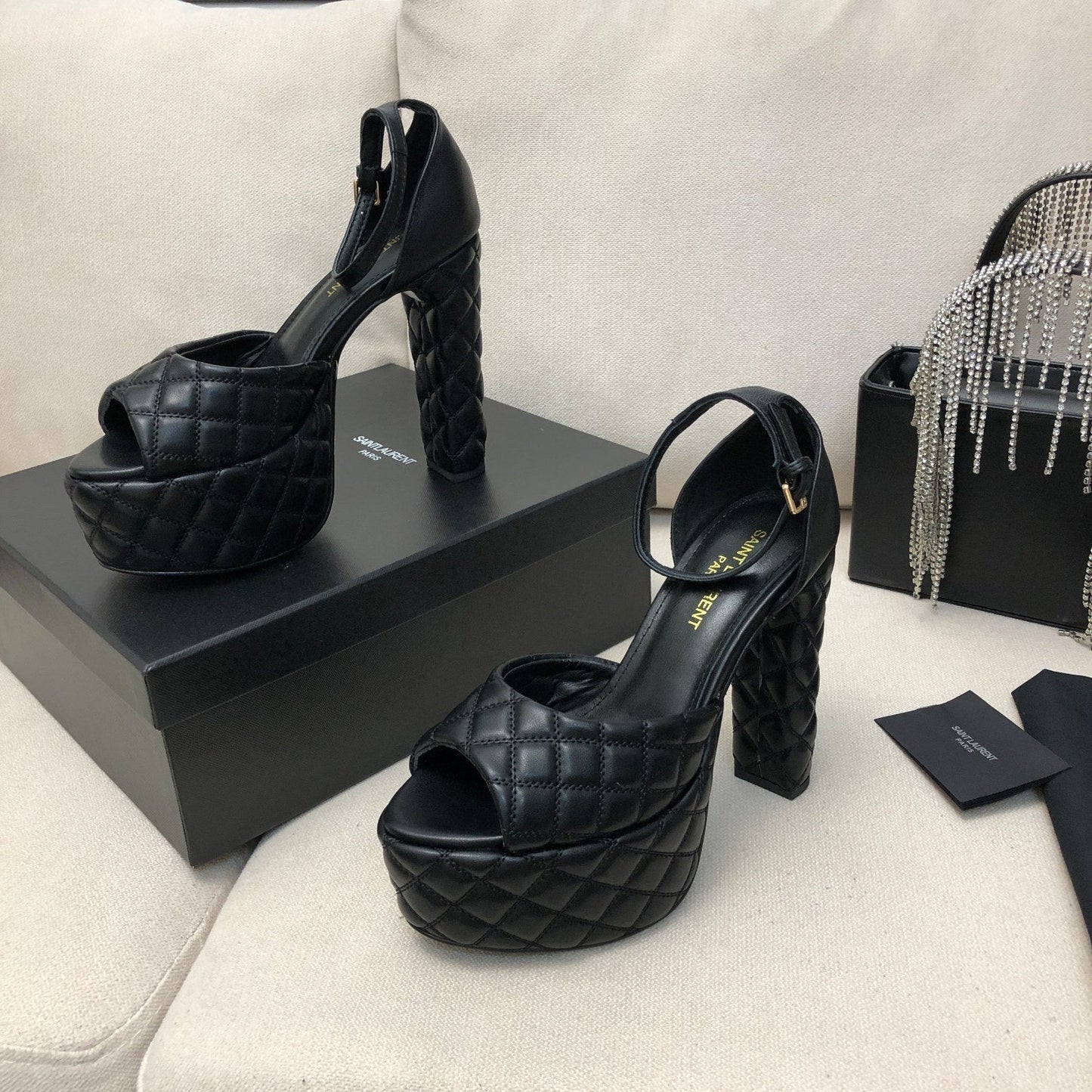 SL JODIE 135 PLATFORM SANDALS BLACK EMBOSSED CALFSKIN - 34