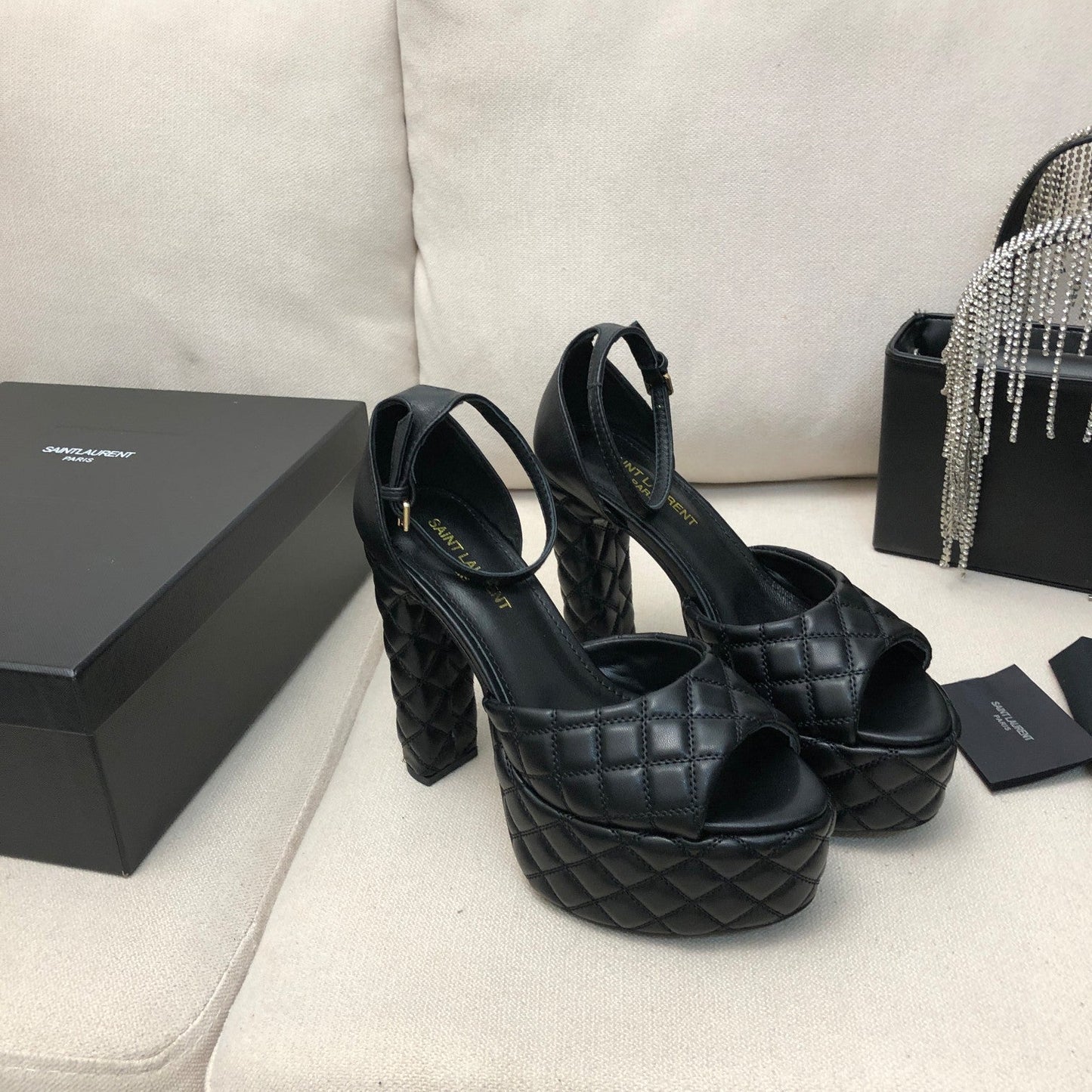 SL JODIE 135 PLATFORM SANDALS BLACK EMBOSSED CALFSKIN - 34