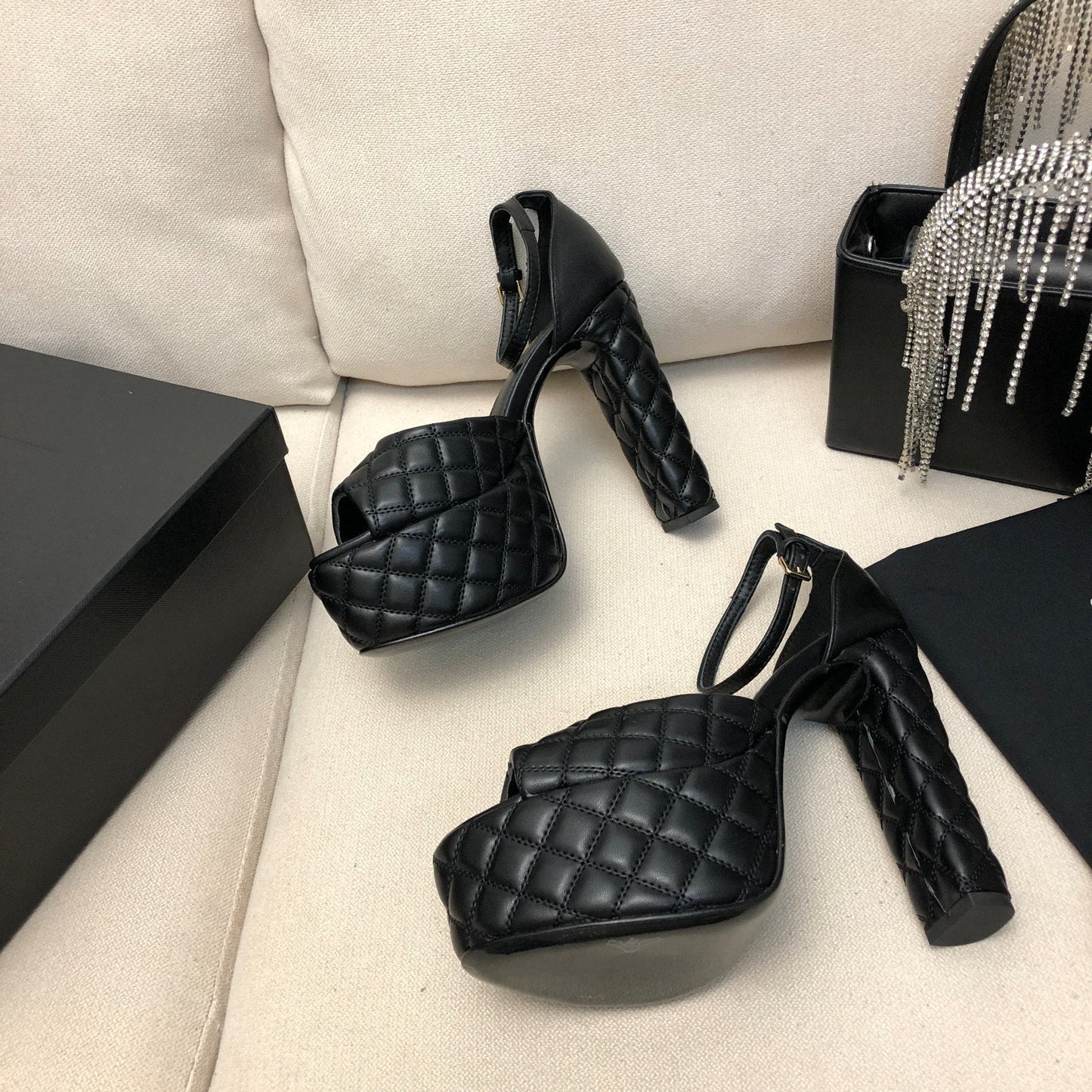 SL JODIE 135 PLATFORM SANDALS BLACK EMBOSSED CALFSKIN - 34