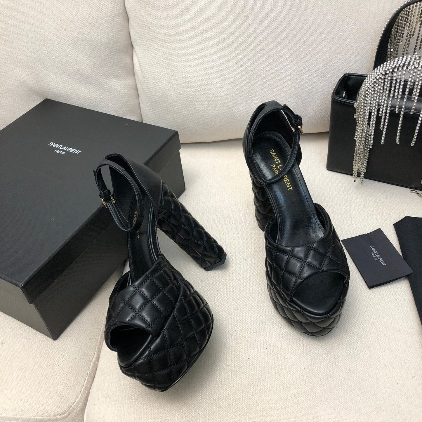 SL JODIE 135 PLATFORM SANDALS BLACK EMBOSSED CALFSKIN - 34