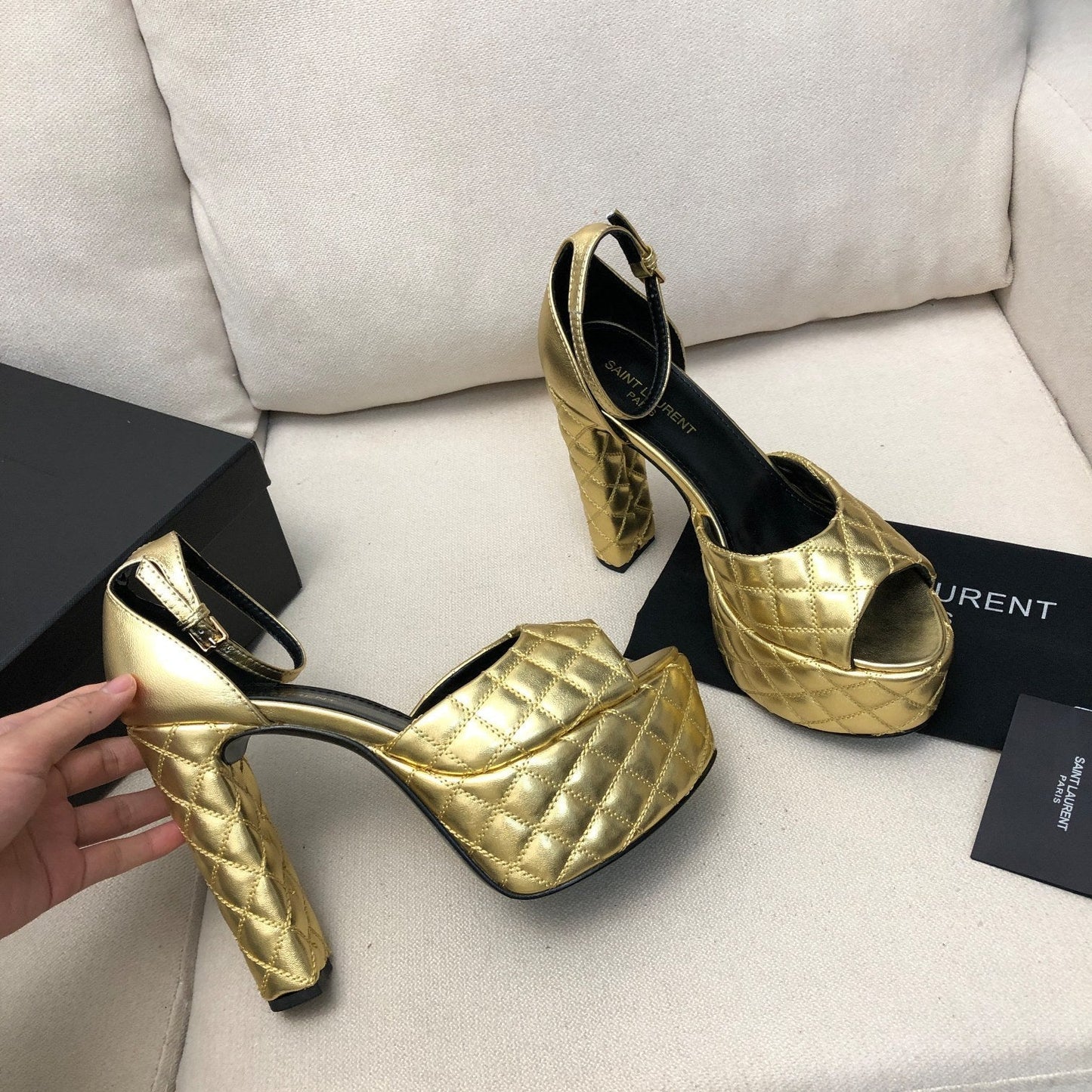 SL JODIE 135 PLATFORM SANDALS GOLD EMBOSSED CALFSKIN - 34