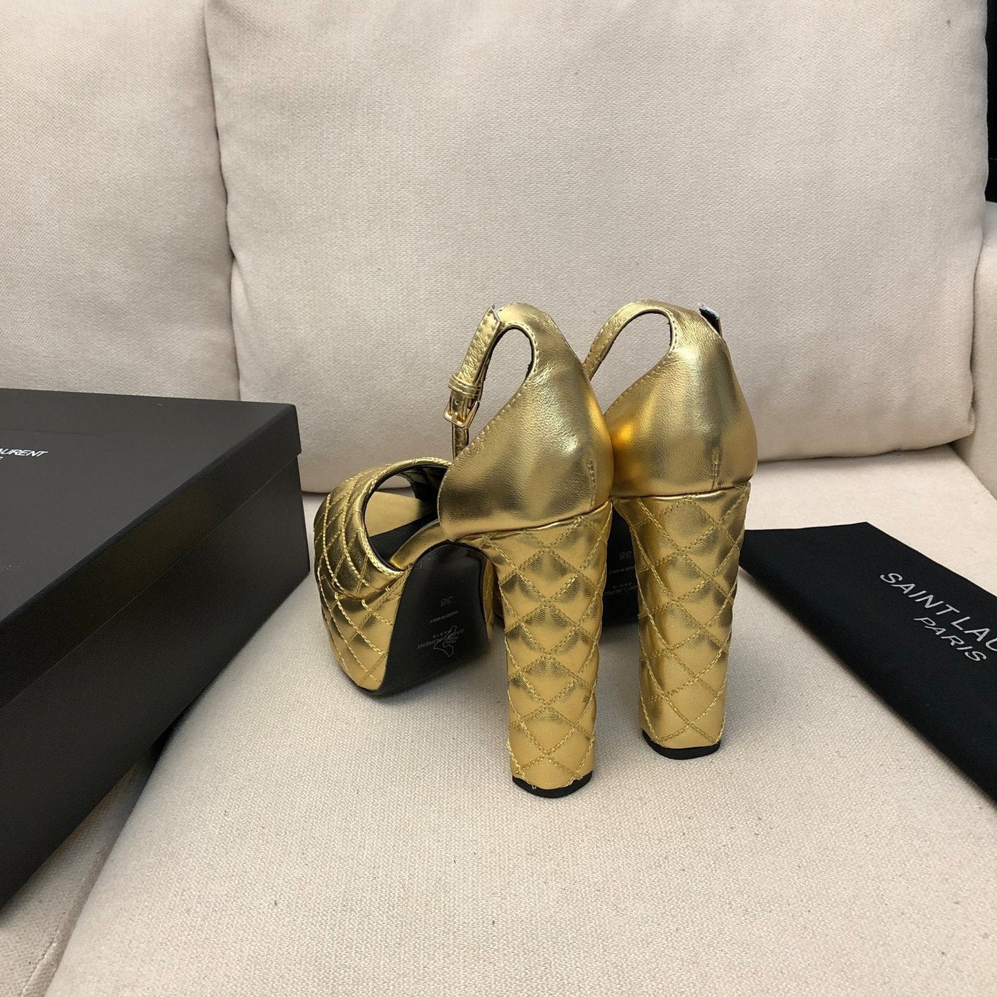 SL JODIE 135 PLATFORM SANDALS GOLD EMBOSSED CALFSKIN - 34