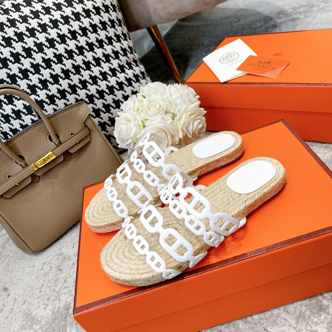STRAW SOLE SLIPPERS WHITE LAMBSKIN - 35