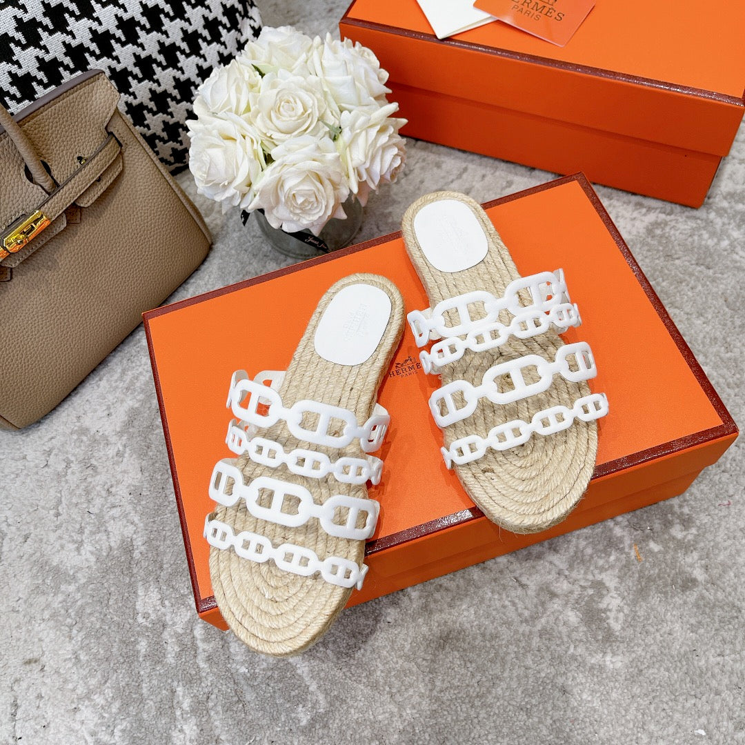 STRAW SOLE SLIPPERS WHITE LAMBSKIN - 35