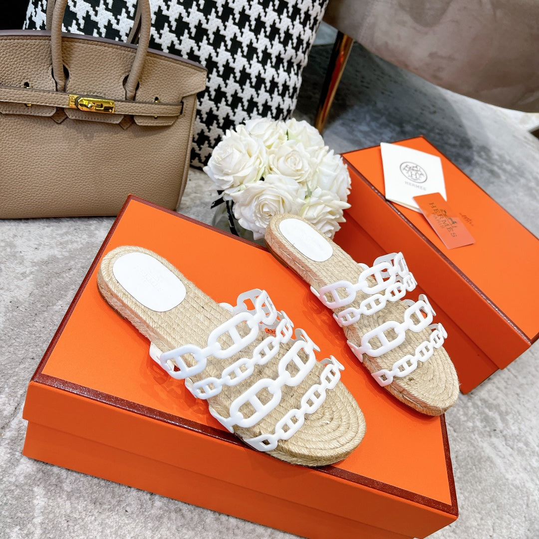 STRAW SOLE SLIPPERS WHITE LAMBSKIN - 35