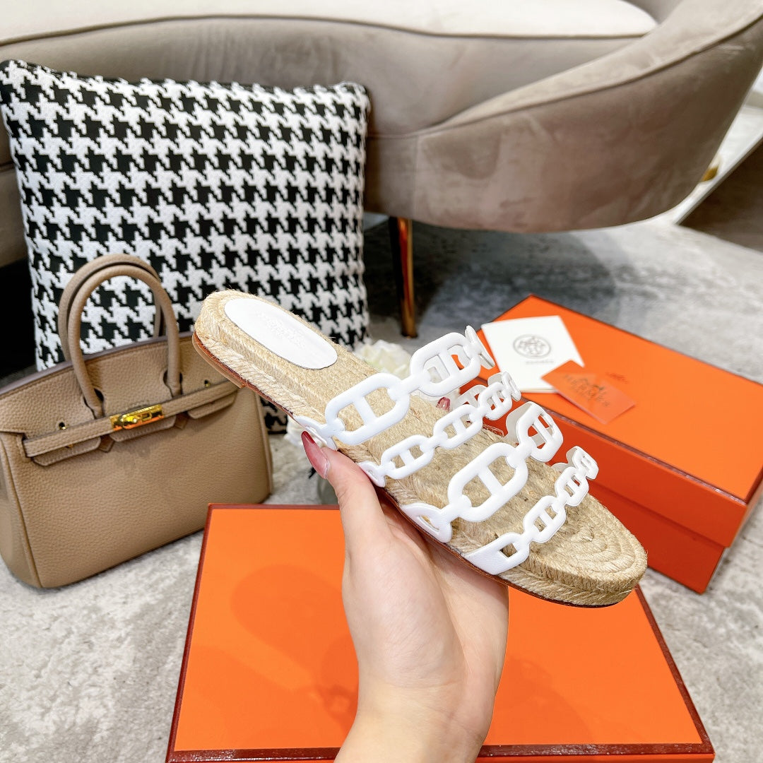 STRAW SOLE SLIPPERS WHITE LAMBSKIN - 35