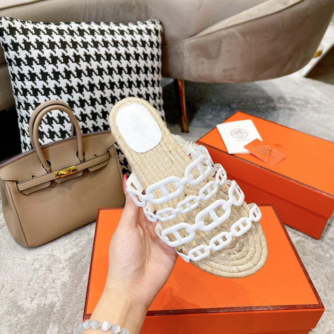 STRAW SOLE SLIPPERS WHITE LAMBSKIN - 35
