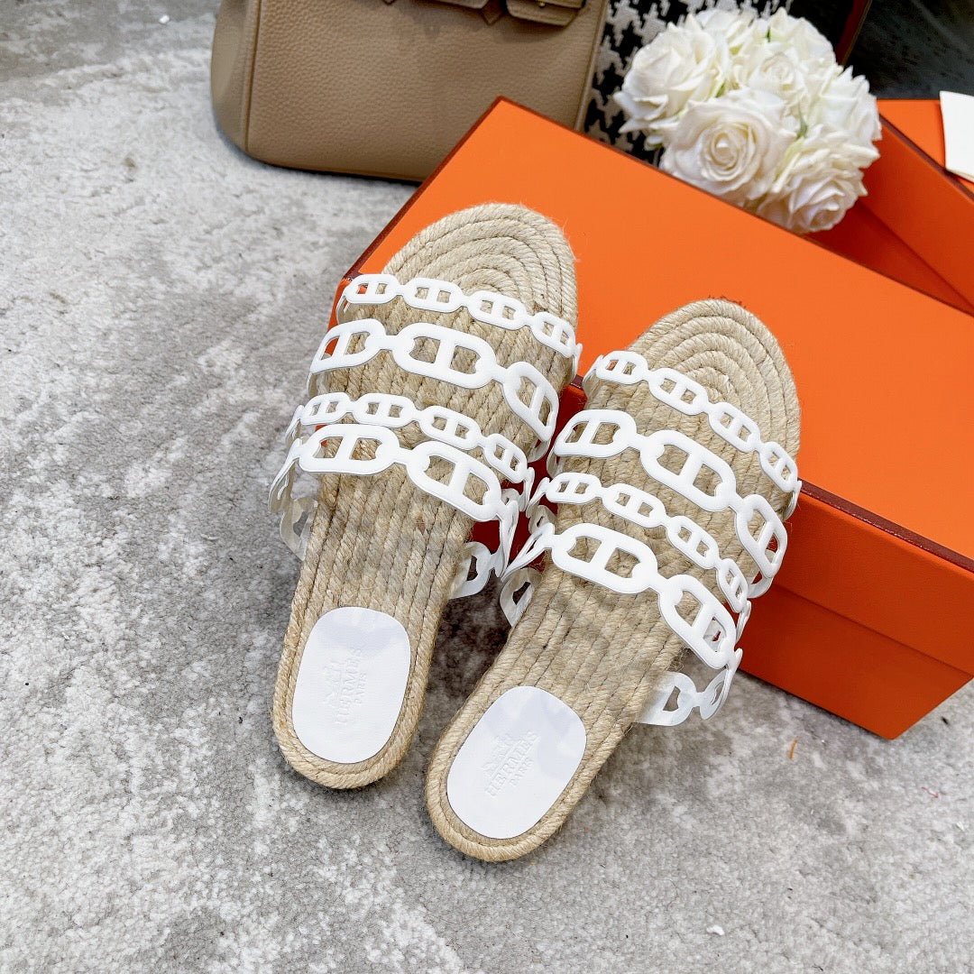 STRAW SOLE SLIPPERS WHITE LAMBSKIN - 35