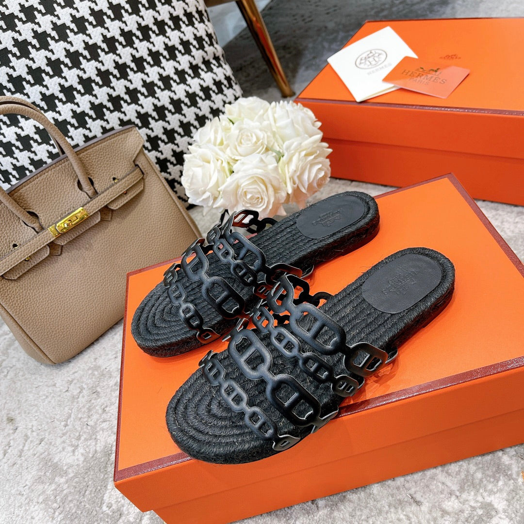 BLACK STRAW SOLE SLIPPERS BLACK LAMBSKIN - 35