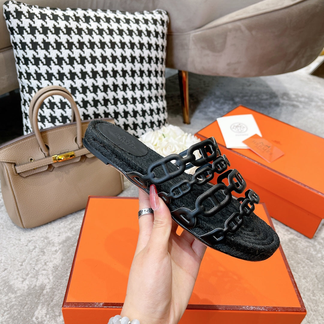 BLACK STRAW SOLE SLIPPERS BLACK LAMBSKIN - 35