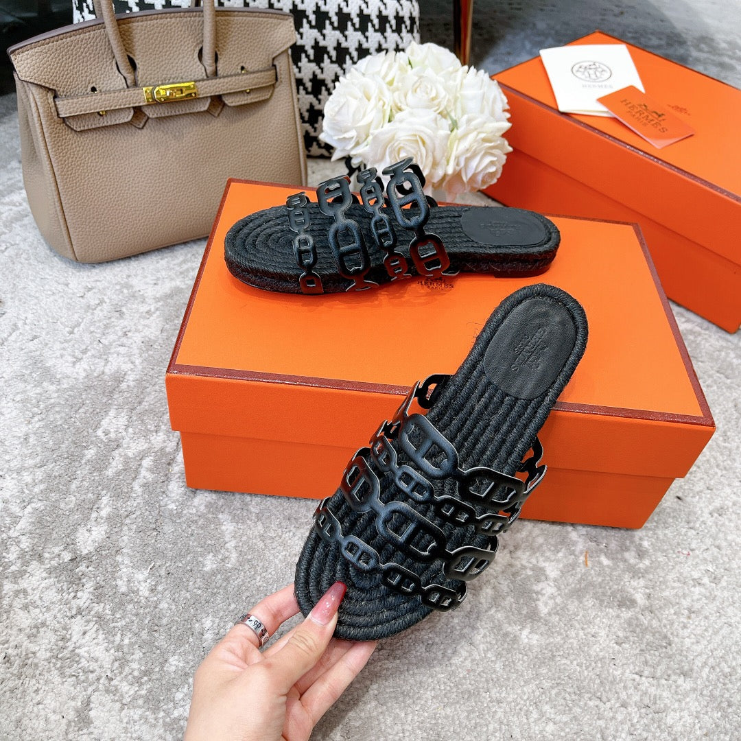 BLACK STRAW SOLE SLIPPERS BLACK LAMBSKIN - 35