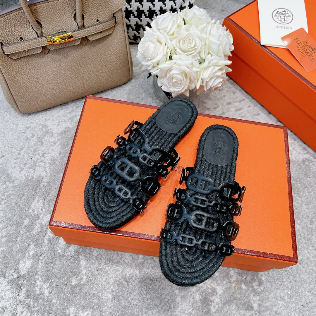 BLACK STRAW SOLE SLIPPERS BLACK LAMBSKIN - 35