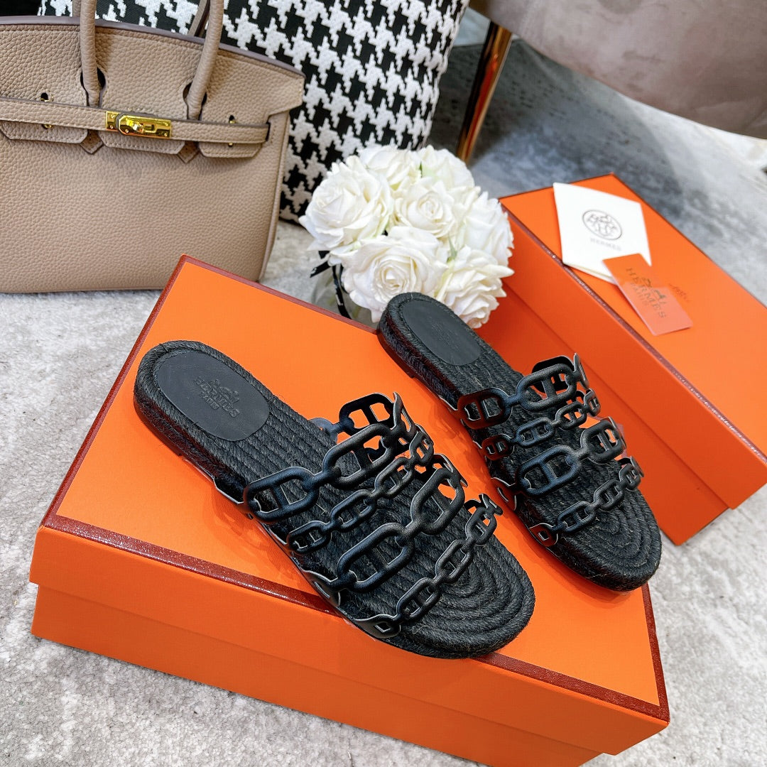 BLACK STRAW SOLE SLIPPERS BLACK LAMBSKIN - 35