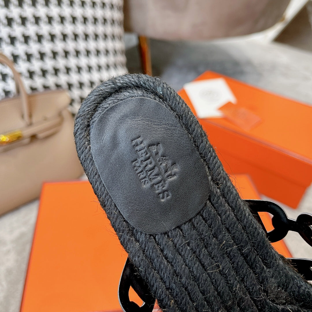 BLACK STRAW SOLE SLIPPERS BLACK LAMBSKIN - 35
