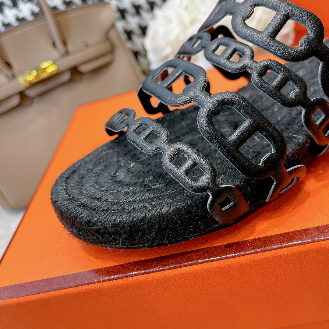 BLACK STRAW SOLE SLIPPERS BLACK LAMBSKIN - 35