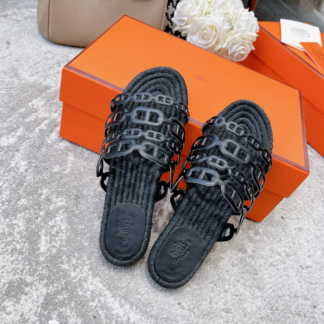BLACK STRAW SOLE SLIPPERS BLACK LAMBSKIN - 35