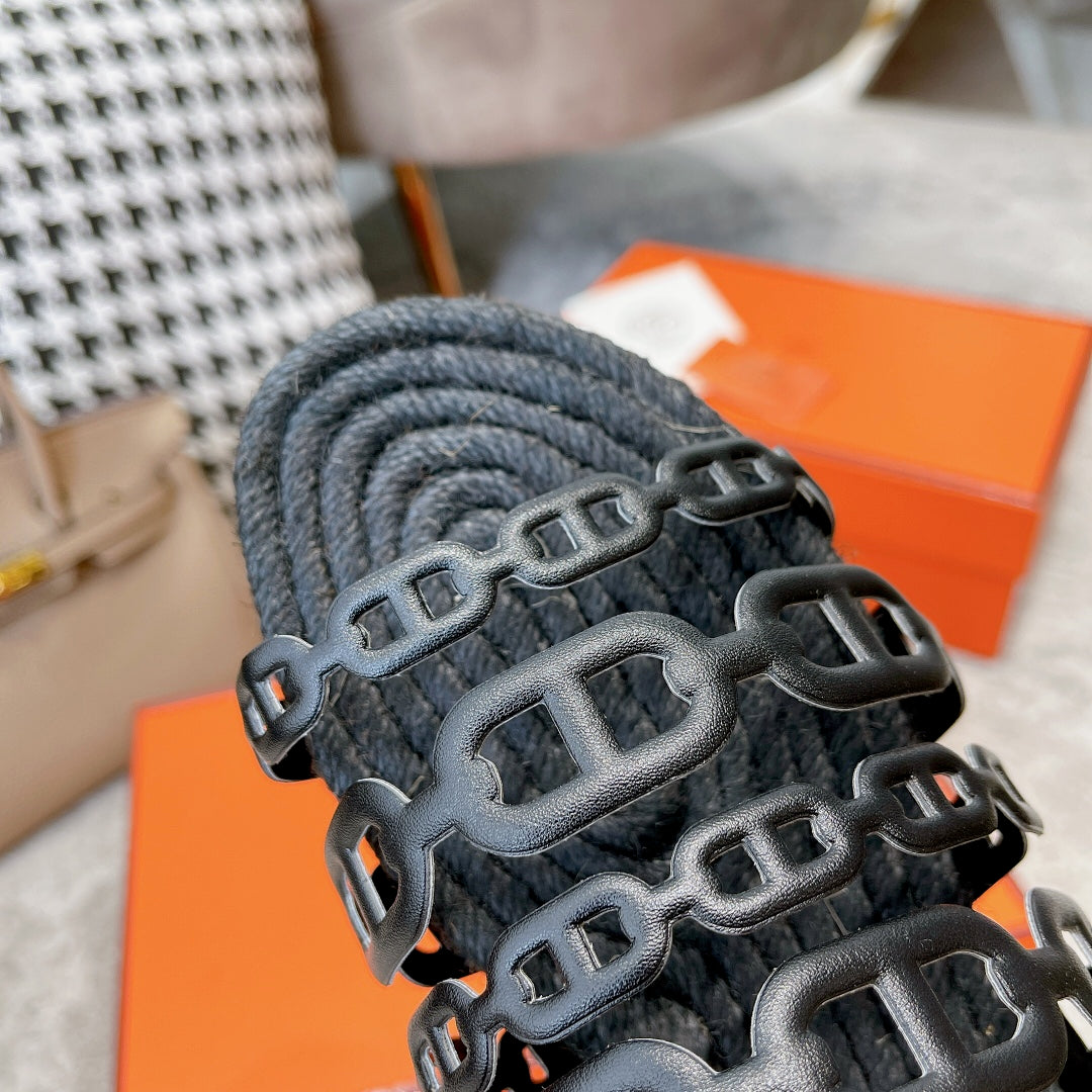 BLACK STRAW SOLE SLIPPERS BLACK LAMBSKIN - 35