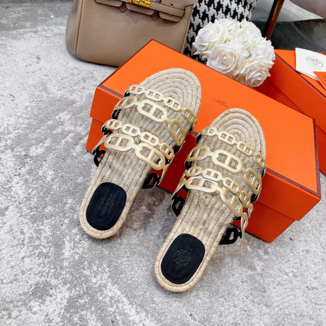 STRAW SOLE SLIPPERS METALLIC GOLD LAMBSKIN - 35