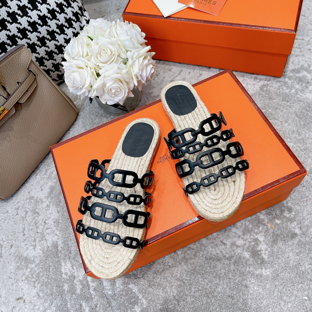 STRAW SOLE SLIPPERS BLACK LAMBSKIN - 35