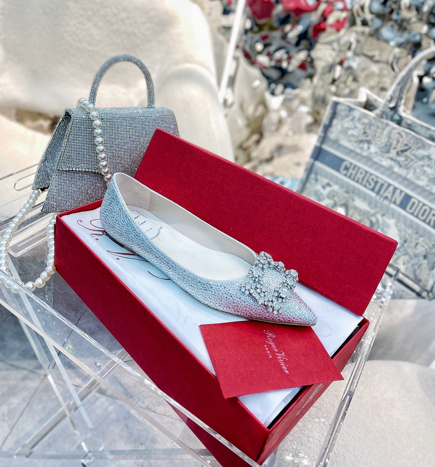 EFFLORESCENCE BALLERINAS IN SILVER CALFSKIN WITH FULLY EMBELLISHED CRYSTALS - 35