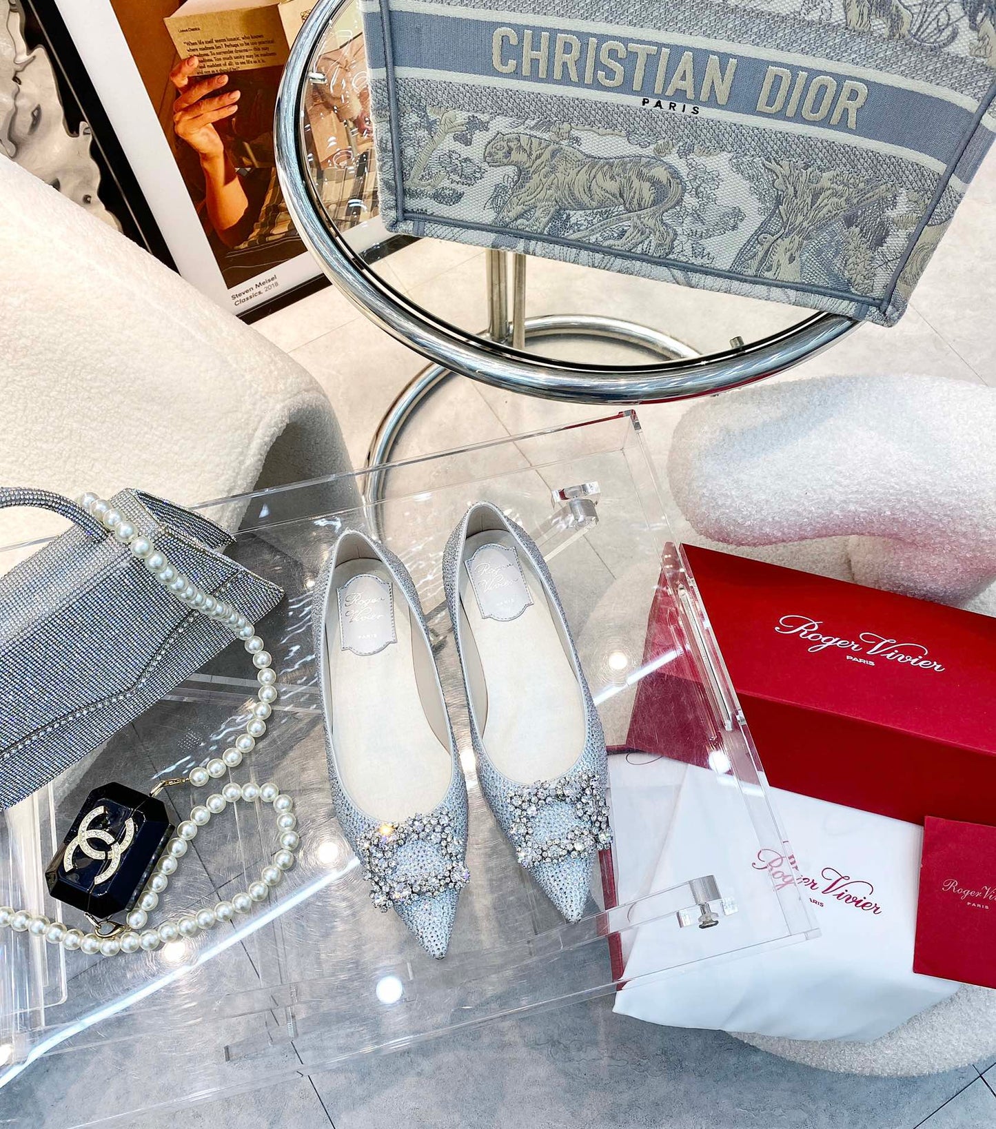 EFFLORESCENCE BALLERINAS IN SILVER CALFSKIN WITH FULLY EMBELLISHED CRYSTALS - 35
