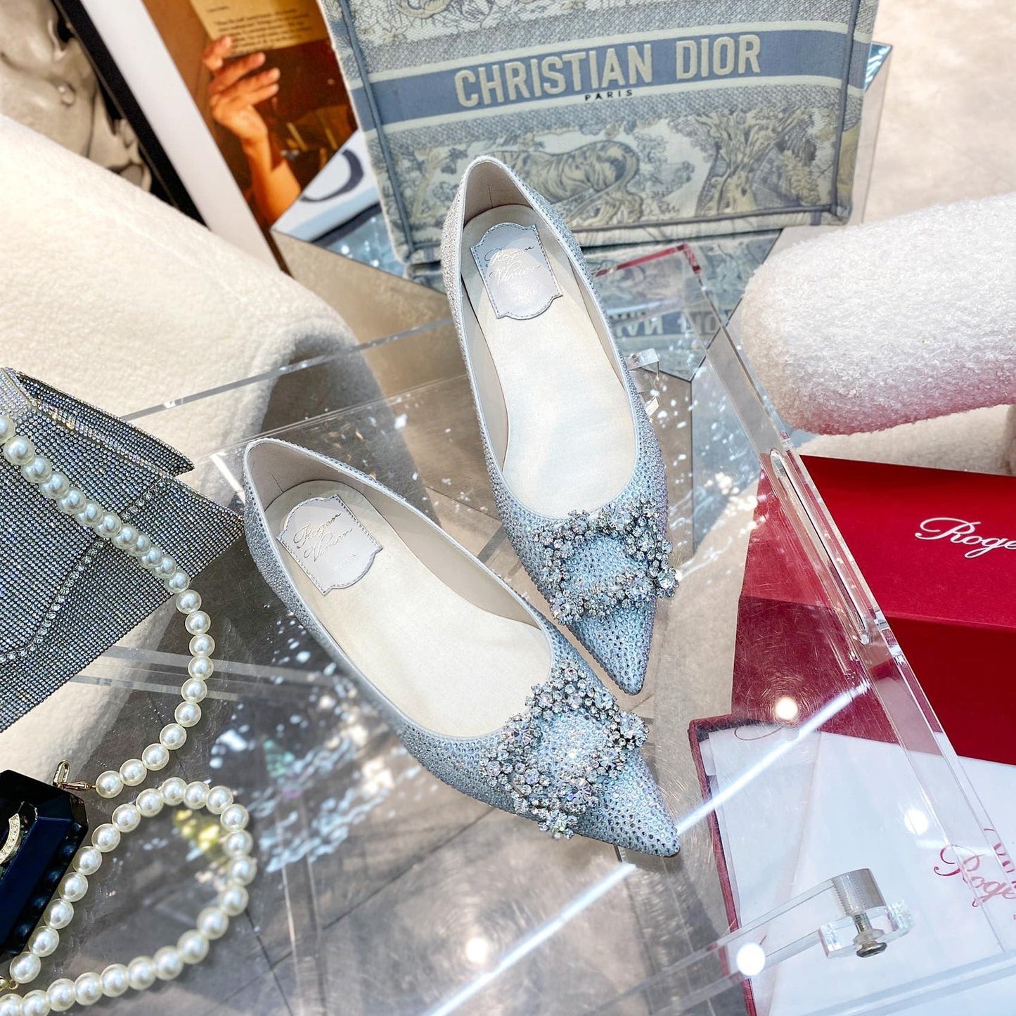 EFFLORESCENCE BALLERINAS IN SILVER CALFSKIN WITH FULLY EMBELLISHED CRYSTALS - 35
