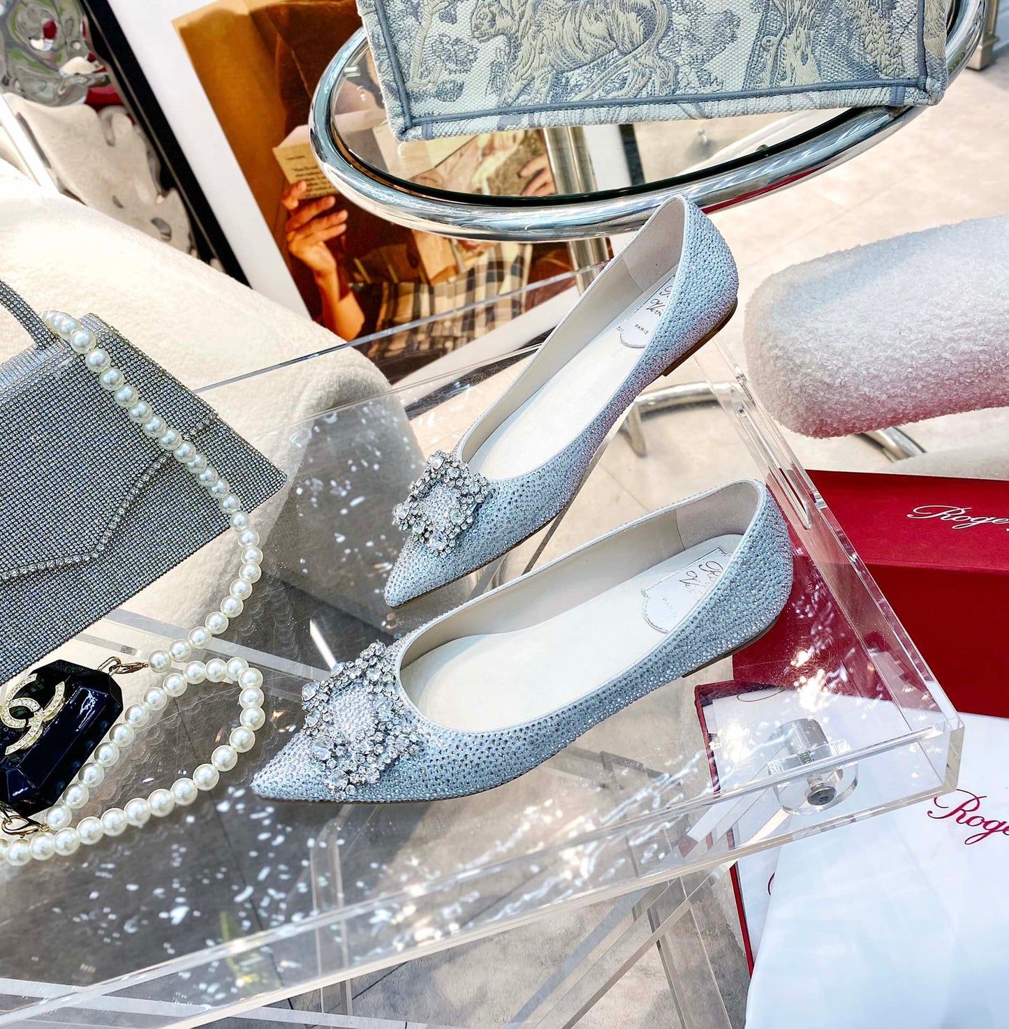 EFFLORESCENCE BALLERINAS IN SILVER CALFSKIN WITH FULLY EMBELLISHED CRYSTALS - 35