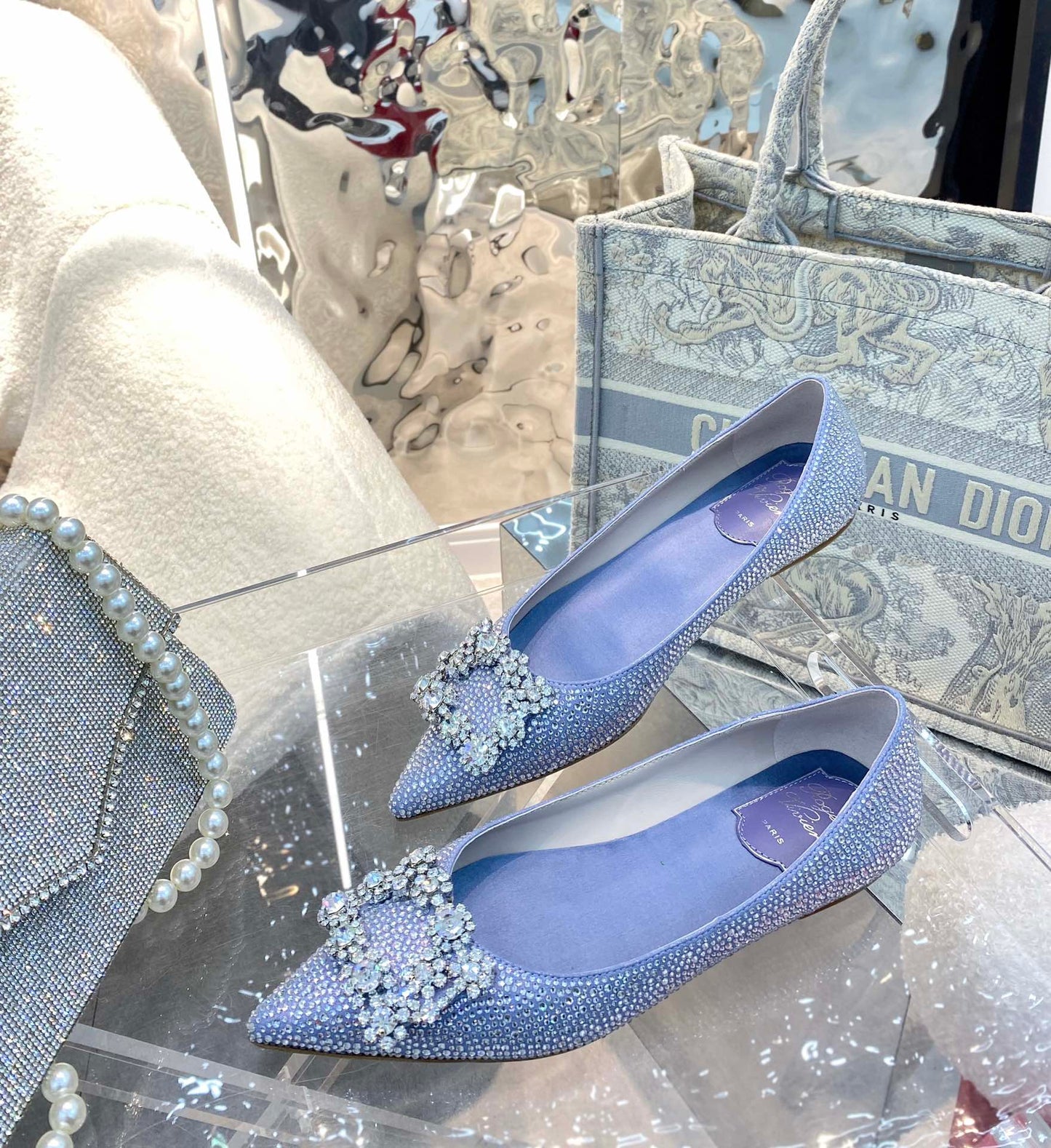 EFFLORESCENCE BALLERINAS IN BLUE CALFSKIN WITH FULLY EMBELLISHED CRYSTALS - 35