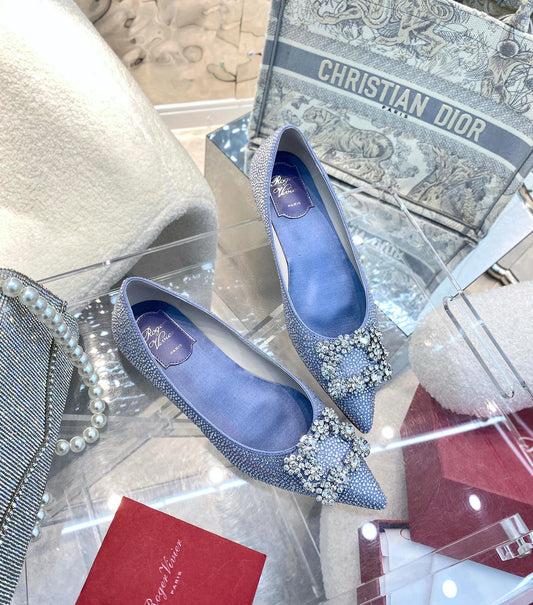 EFFLORESCENCE BALLERINAS IN BLUE CALFSKIN WITH FULLY EMBELLISHED CRYSTALS - 35