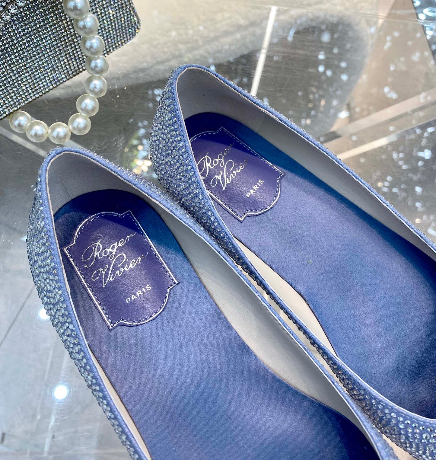 EFFLORESCENCE BALLERINAS IN BLUE CALFSKIN WITH FULLY EMBELLISHED CRYSTALS - 35