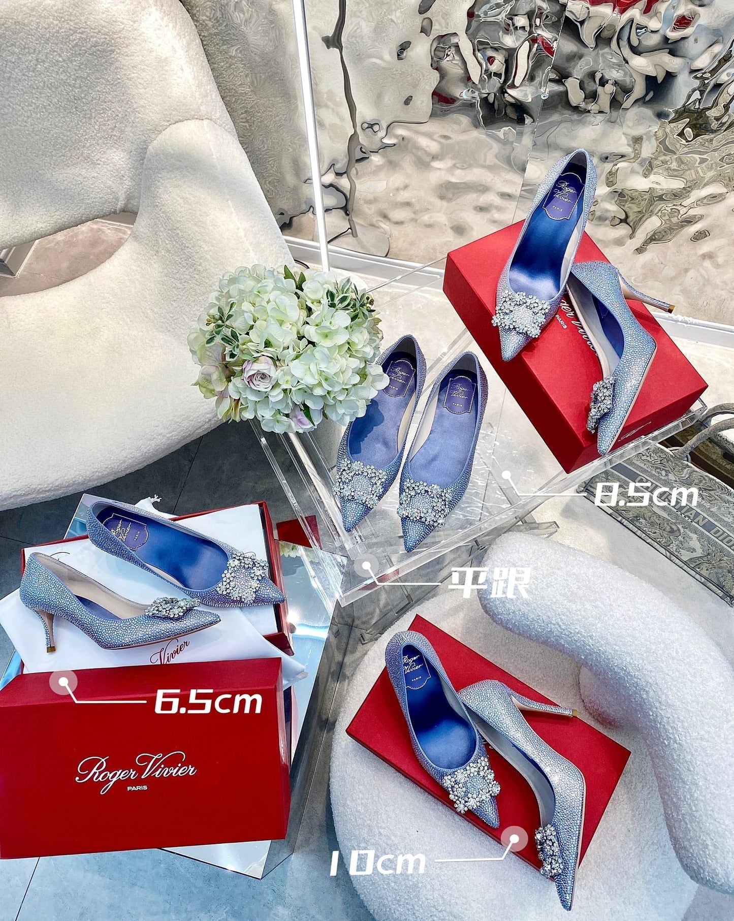 EFFLORESCENCE BALLERINAS IN BLUE CALFSKIN WITH FULLY EMBELLISHED CRYSTALS - 35