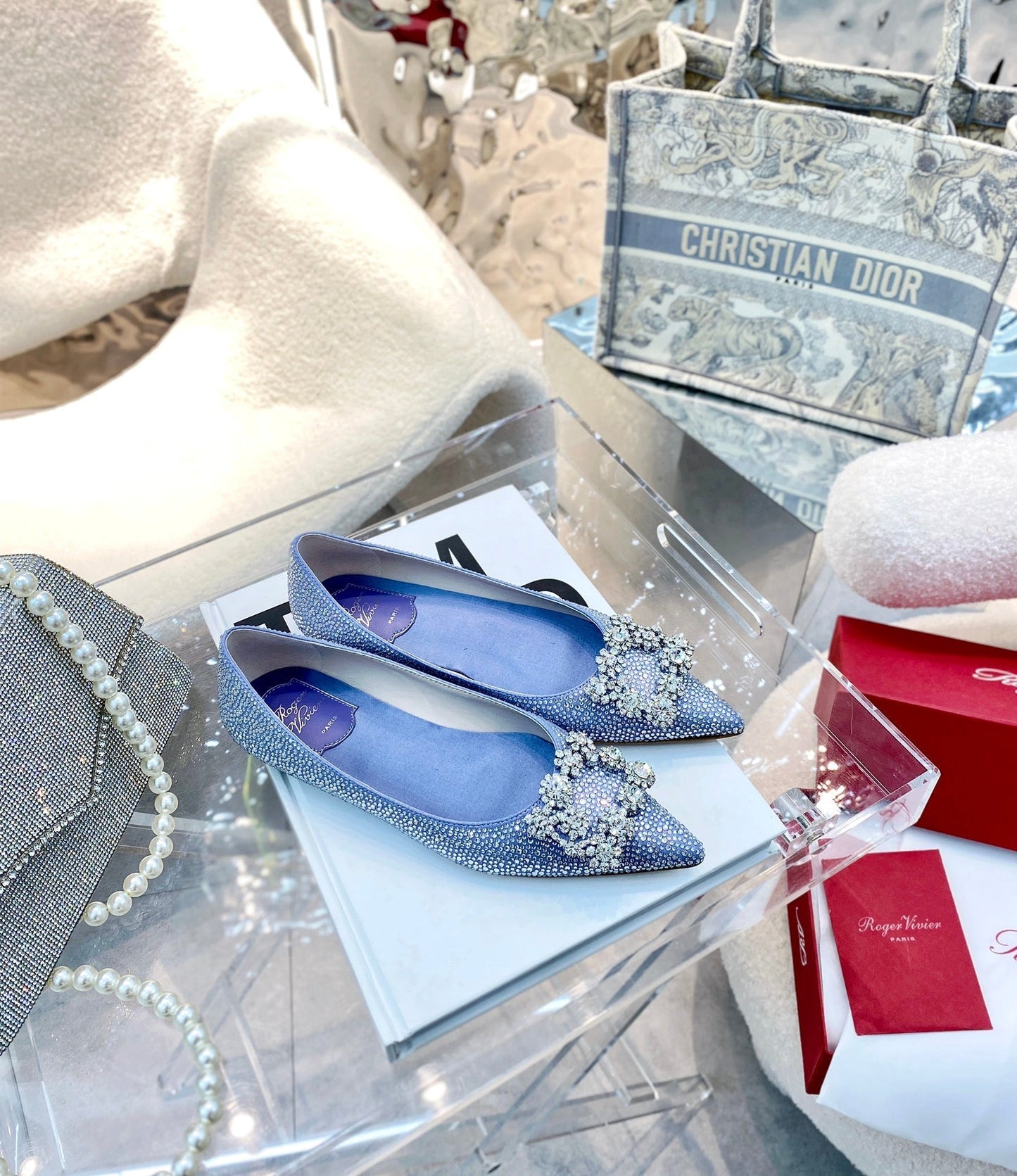 EFFLORESCENCE BALLERINAS IN BLUE CALFSKIN WITH FULLY EMBELLISHED CRYSTALS - 35