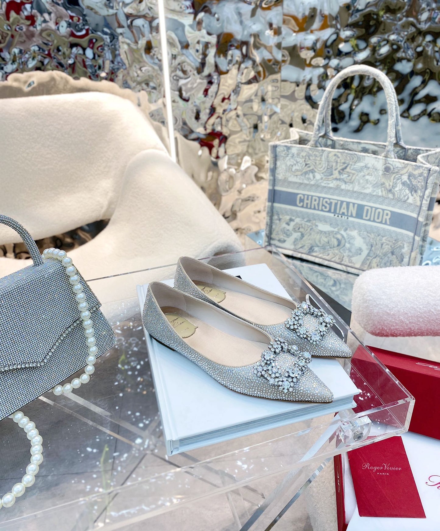 EFFLORESCENCE BALLERINAS IN BEIGE CALFSKIN WITH FULLY EMBELLISHED CRYSTALS - 35