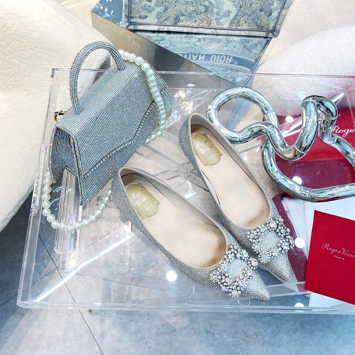 EFFLORESCENCE BALLERINAS IN BEIGE CALFSKIN WITH FULLY EMBELLISHED CRYSTALS - 35