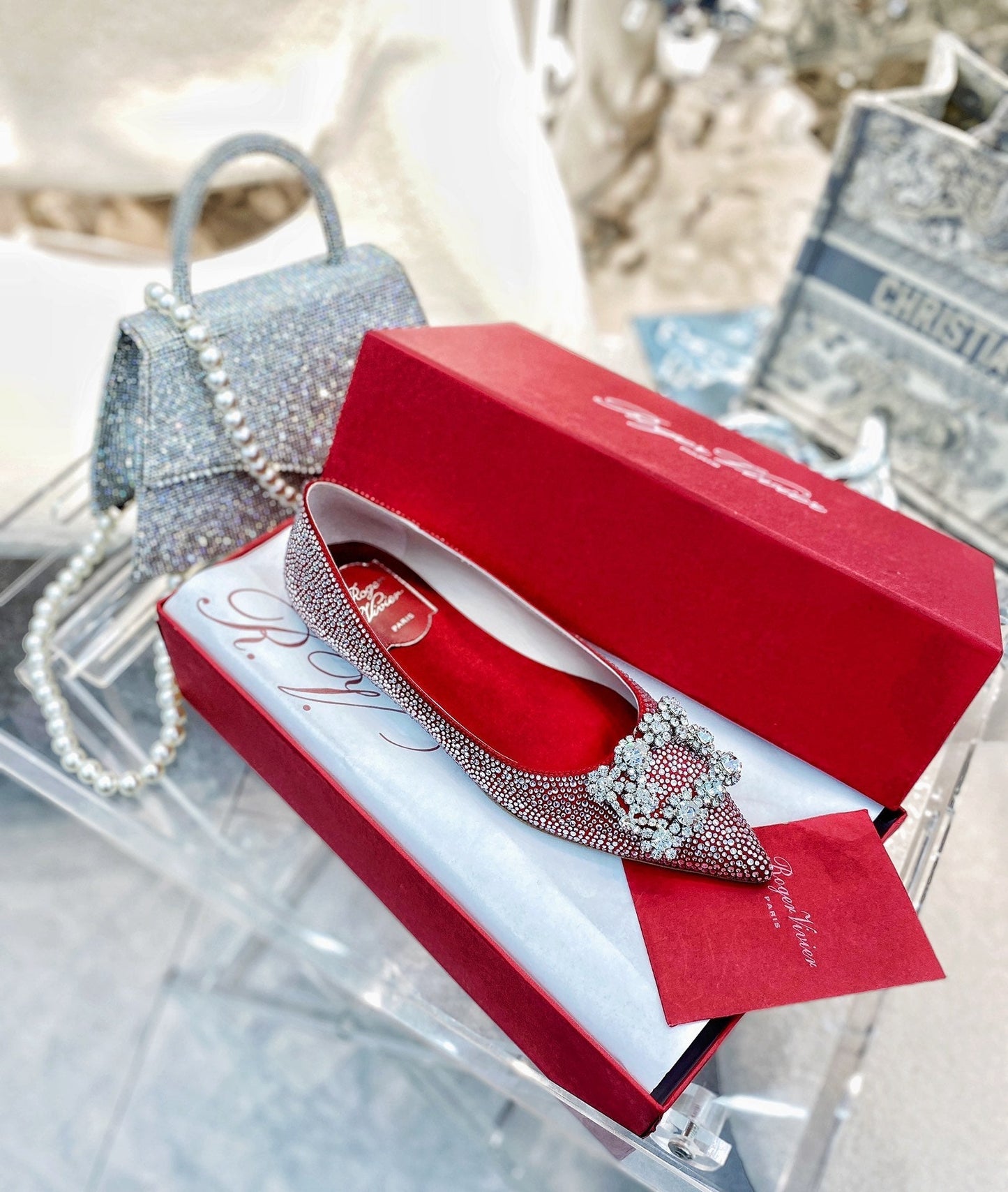 EFFLORESCENCE BALLERINAS IN RED CALFSKIN WITH FULLY EMBELLISHED CRYSTALS - 35