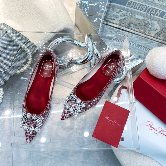 EFFLORESCENCE BALLERINAS IN RED CALFSKIN WITH FULLY EMBELLISHED CRYSTALS - 35
