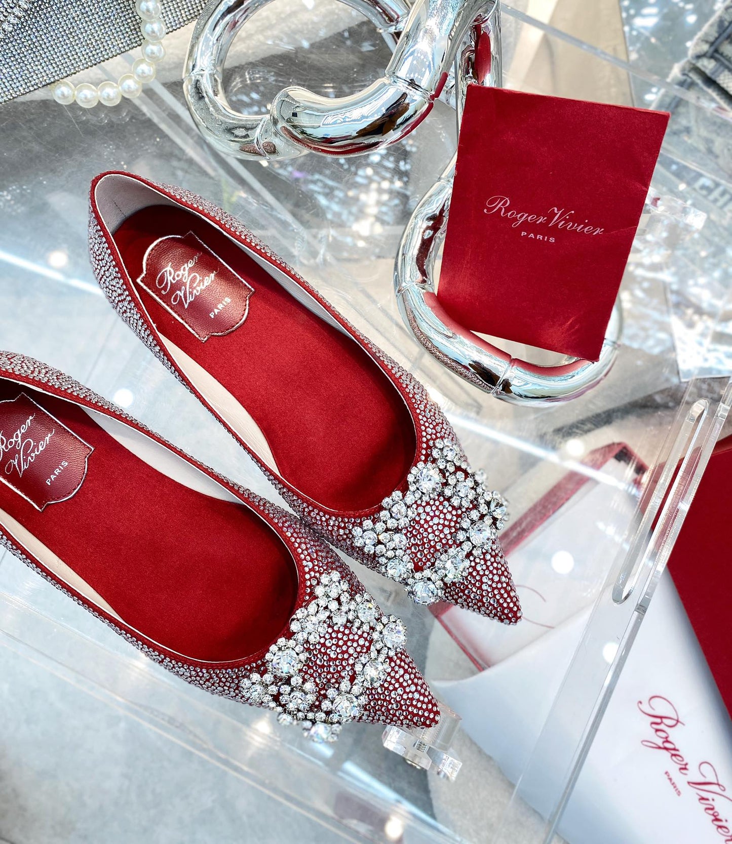 EFFLORESCENCE BALLERINAS IN RED CALFSKIN WITH FULLY EMBELLISHED CRYSTALS - 35