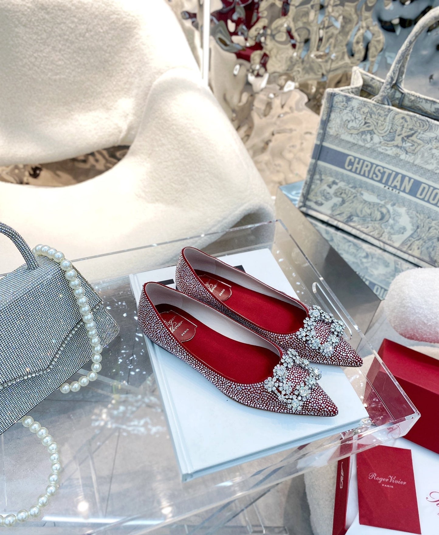 EFFLORESCENCE BALLERINAS IN RED CALFSKIN WITH FULLY EMBELLISHED CRYSTALS - 35