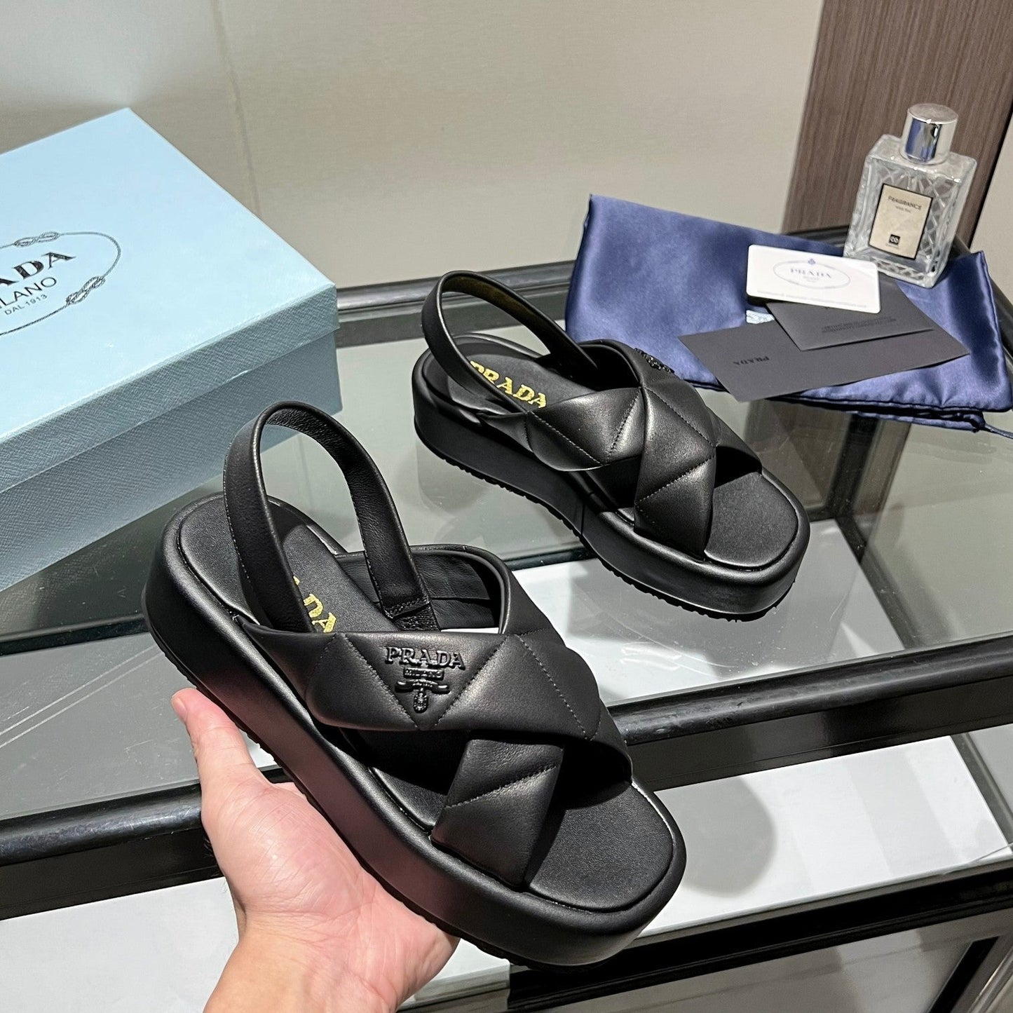 PRA PADDED CRISSCROSS SANDALS BLACK LAMBSKIN - 35