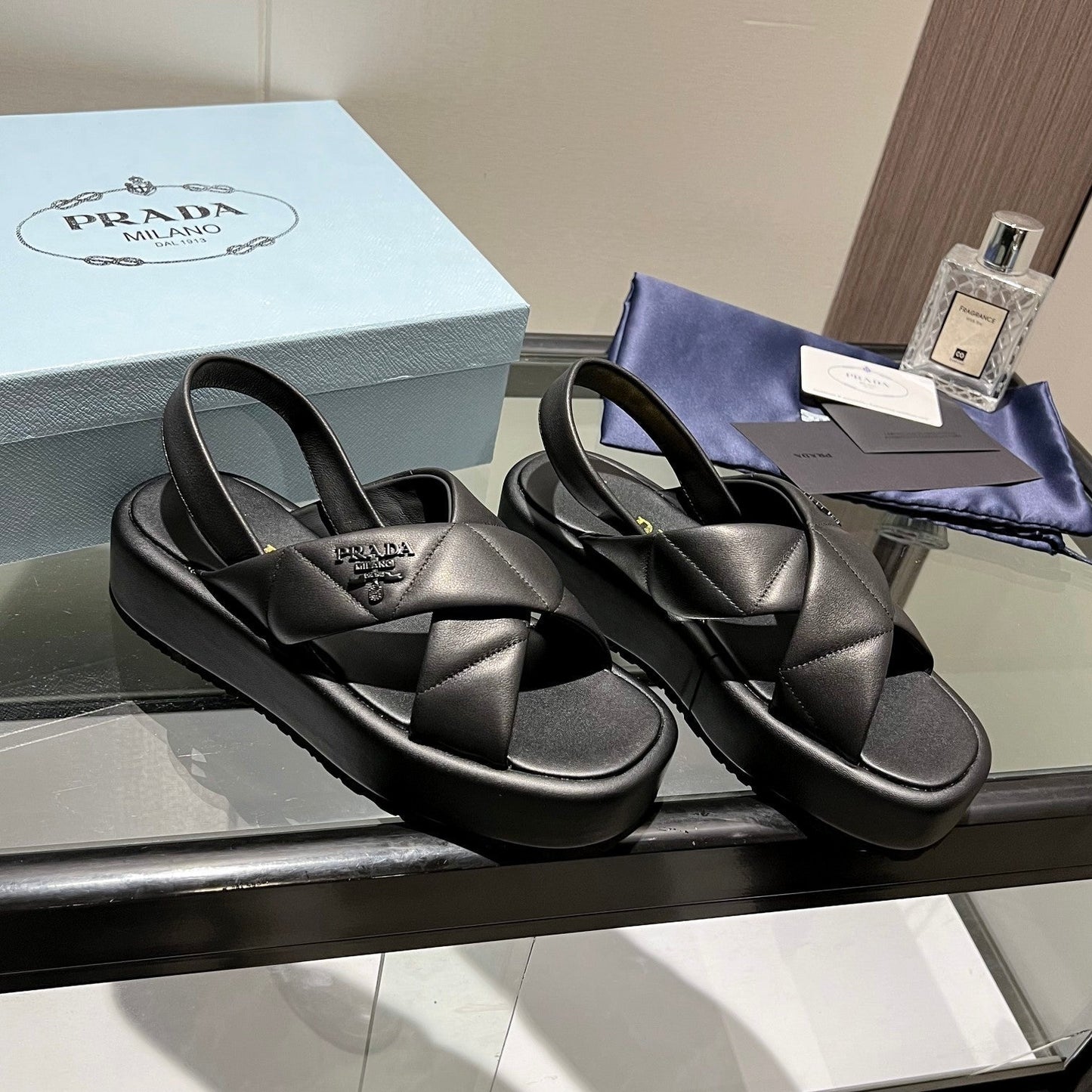 PRA PADDED CRISSCROSS SANDALS BLACK LAMBSKIN - 35