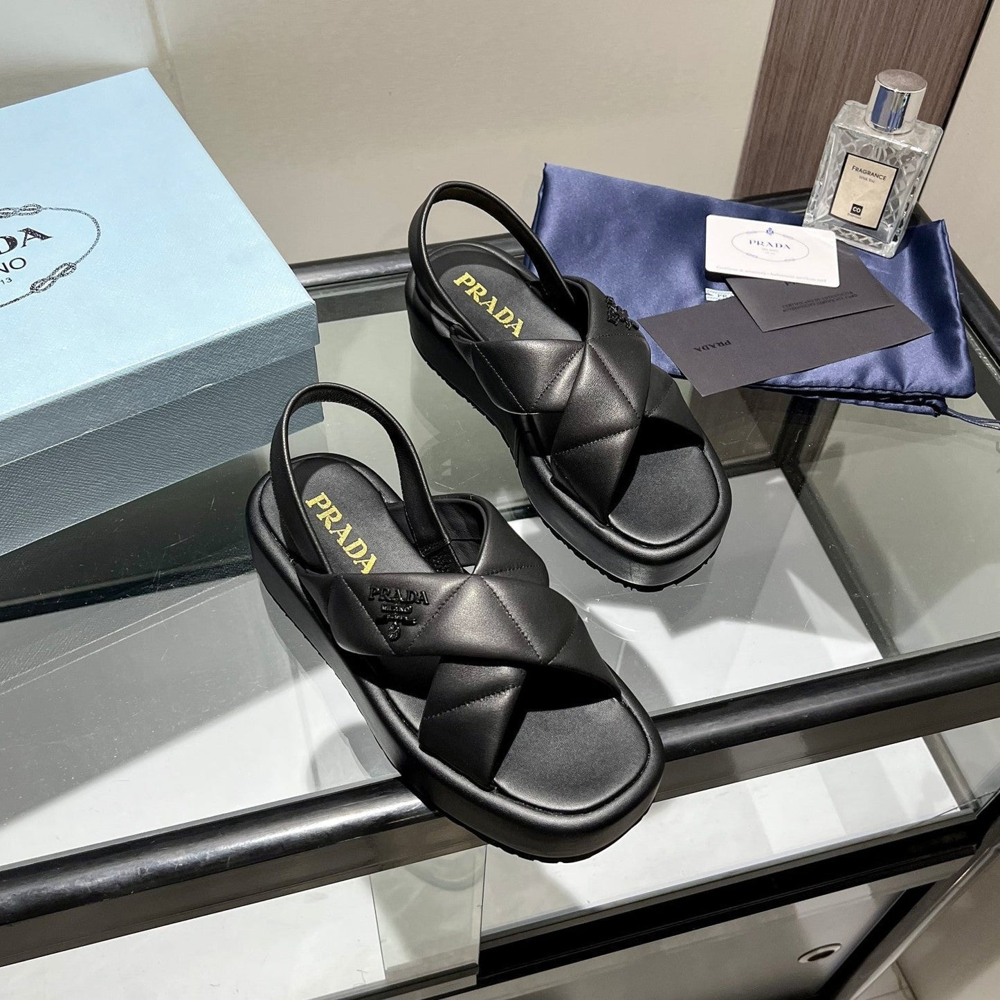 PRA PADDED CRISSCROSS SANDALS BLACK LAMBSKIN - 35