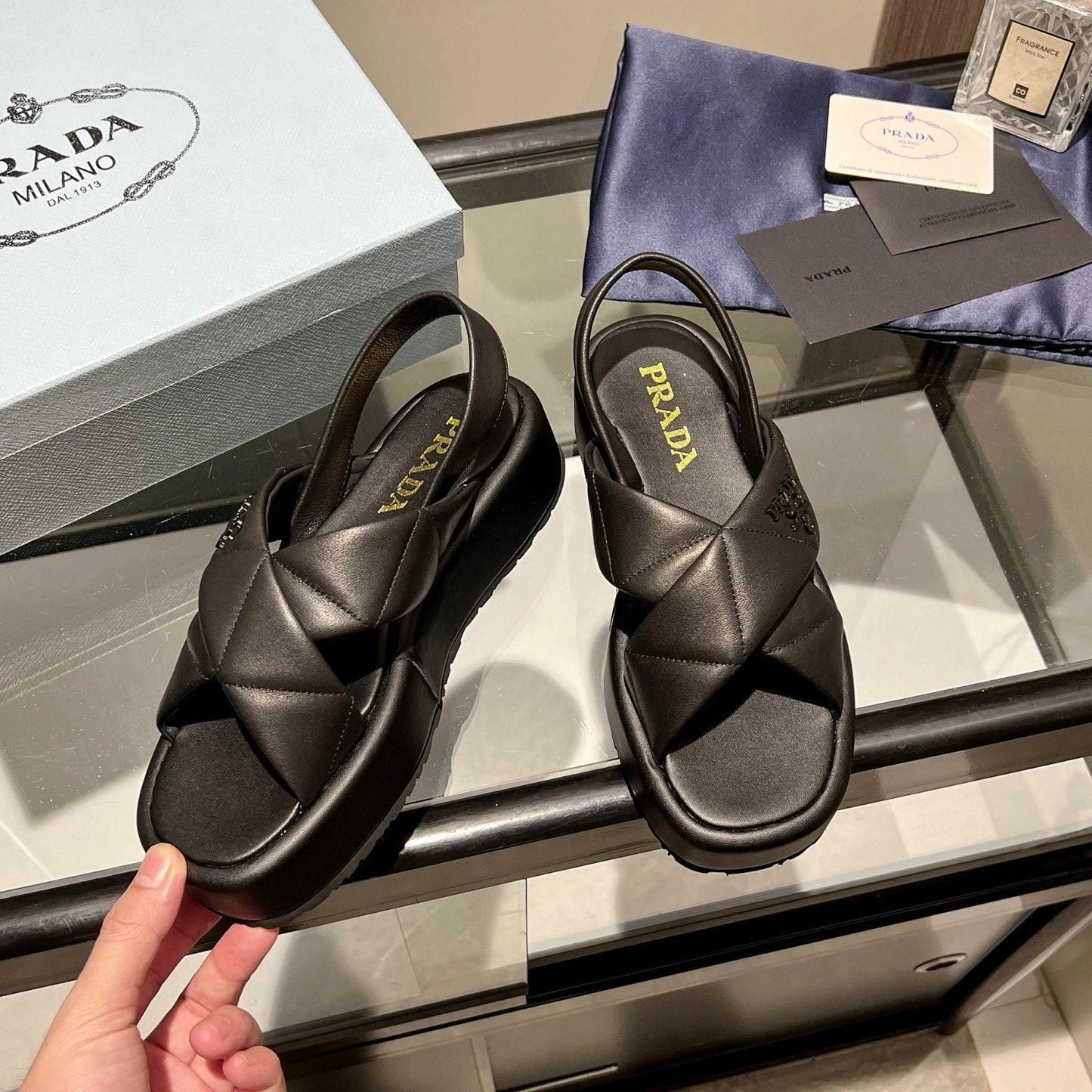 PRA PADDED CRISSCROSS SANDALS BLACK LAMBSKIN - 35