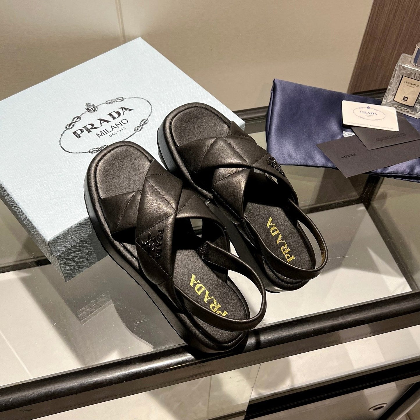 PRA PADDED CRISSCROSS SANDALS BLACK LAMBSKIN - 35