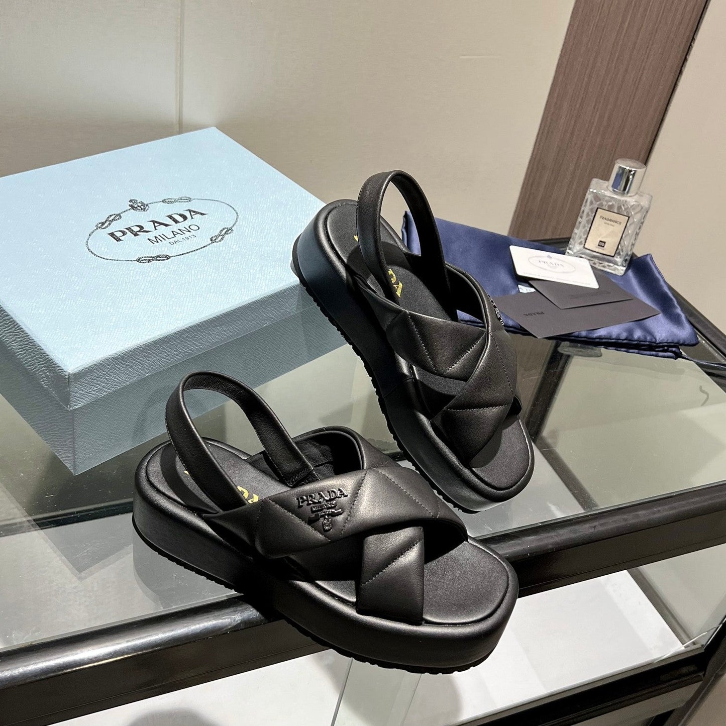 PRA PADDED CRISSCROSS SANDALS BLACK LAMBSKIN - 35