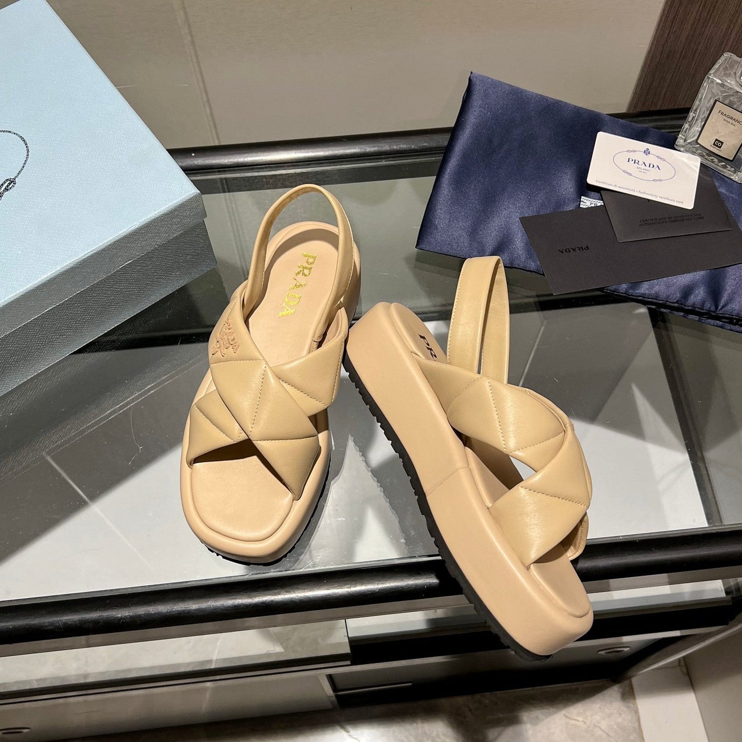 PRA PADDED CRISSCROSS SANDALS BEIGE LAMBSKIN - 35