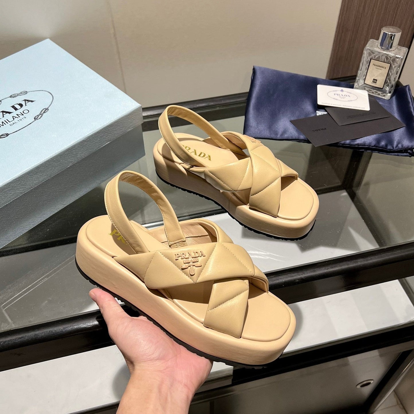 PRA PADDED CRISSCROSS SANDALS BEIGE LAMBSKIN - 35